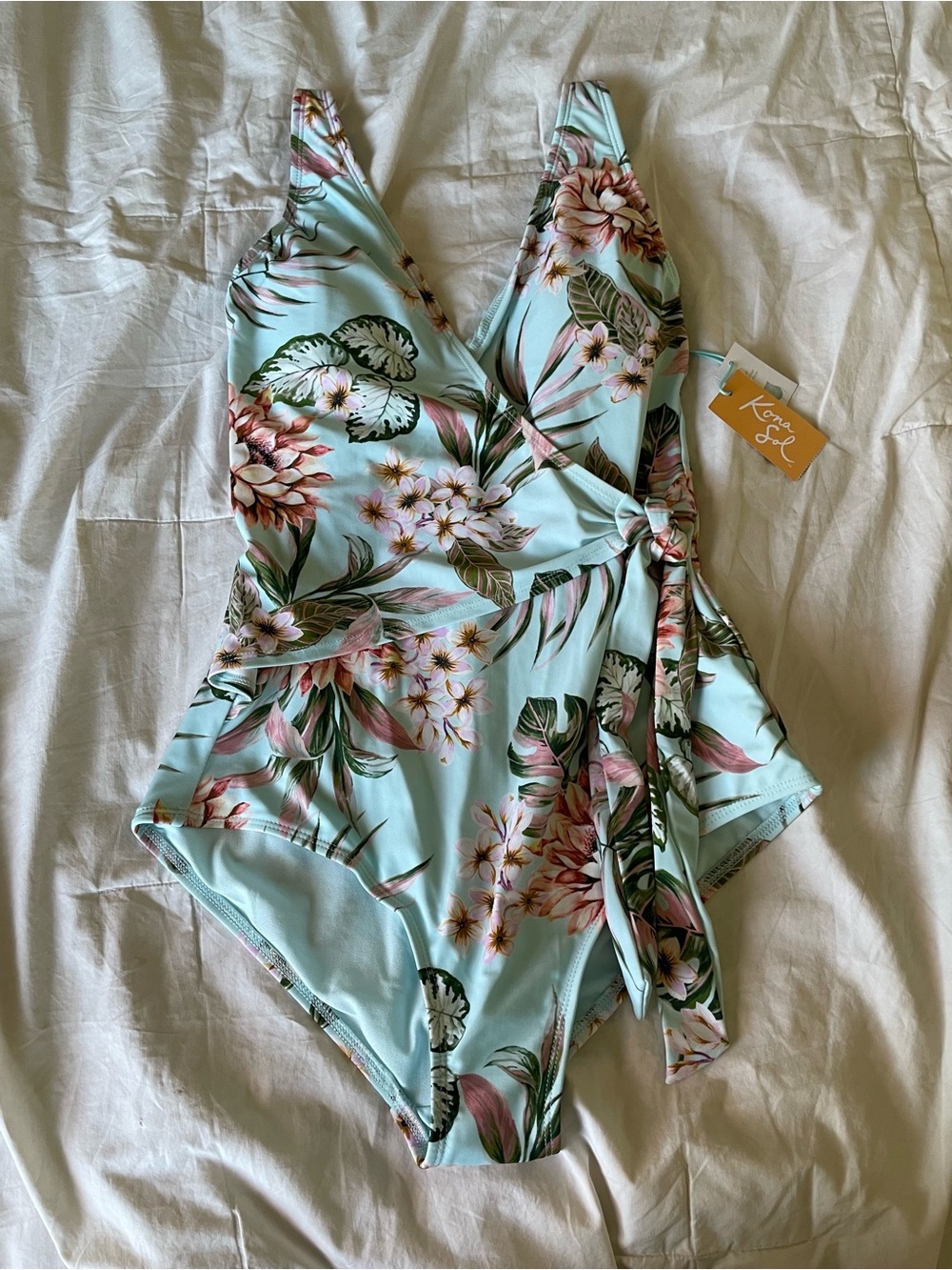 NWT Kona Sol Light Blue Floral Wrap One-Piece Swimsuit Size Medium - Picture 3 of 5